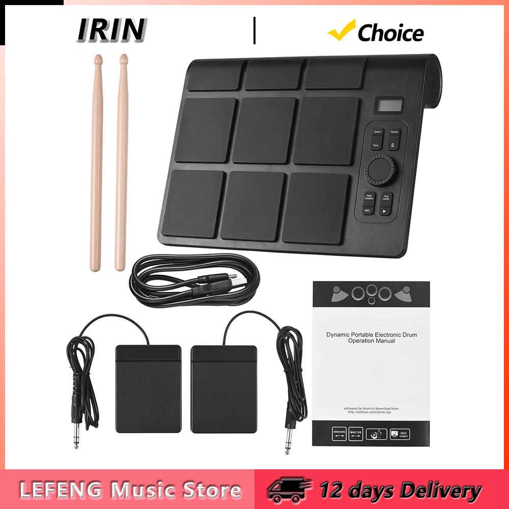 IRIN Electronic Drum Set with 2 Speaker Color Lighting 9 Pads Supports BT MIDI Various Audio Connection LCD Display Adjustab