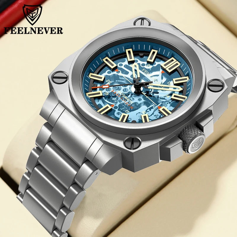 FeelNever Orologio meccanico da uomo di lusso alla moda Squisito orologio da uomo automatico impermeabile in acciaio inossidabile cavo da lavoro 100M