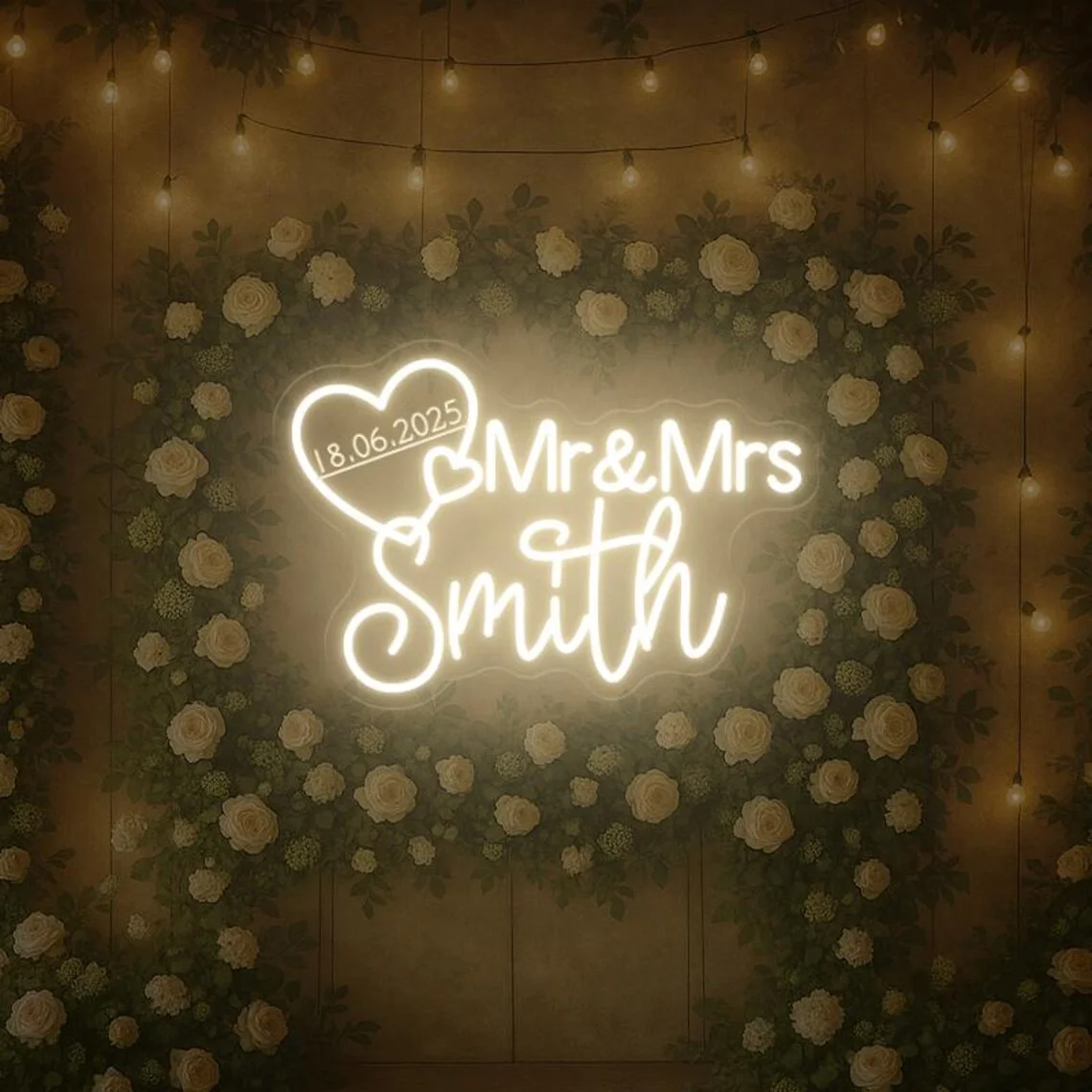 

Personalized Name Wedding Heart Neon Sign Mr&Mrs Name with Date and Heart Neon Wall Decor Wedding Backyard Decor