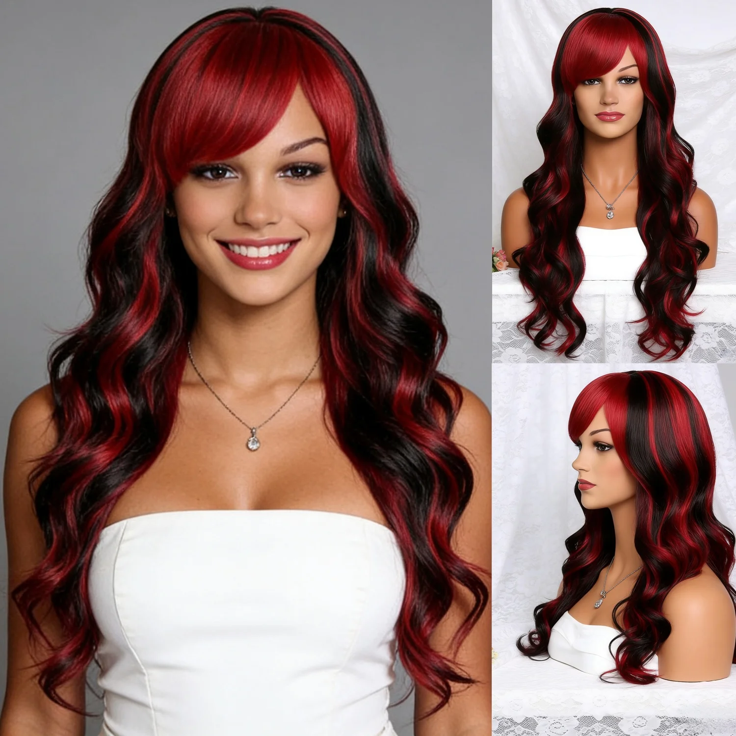 

Long Red & Black Wavy Wig with Bangs Synthetic Hair Body Wave Wigs for Women 26 Inch Red and Black Ombre Long Cosplay Wig