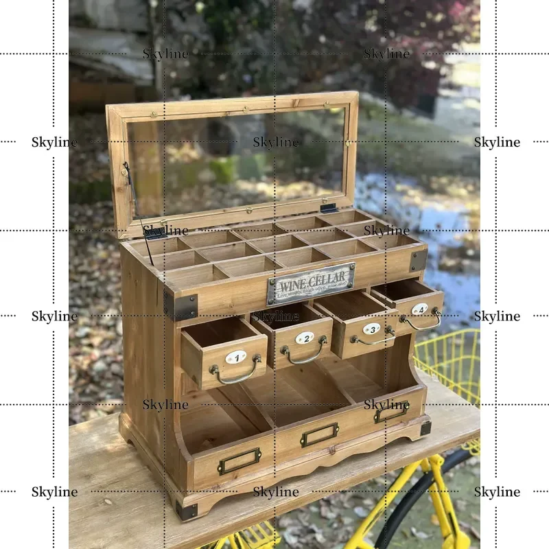 for Country Style Retro Small Solid Wood Glass Display Cabinet with 15 Grids Jewelry Storage Treasure Chest