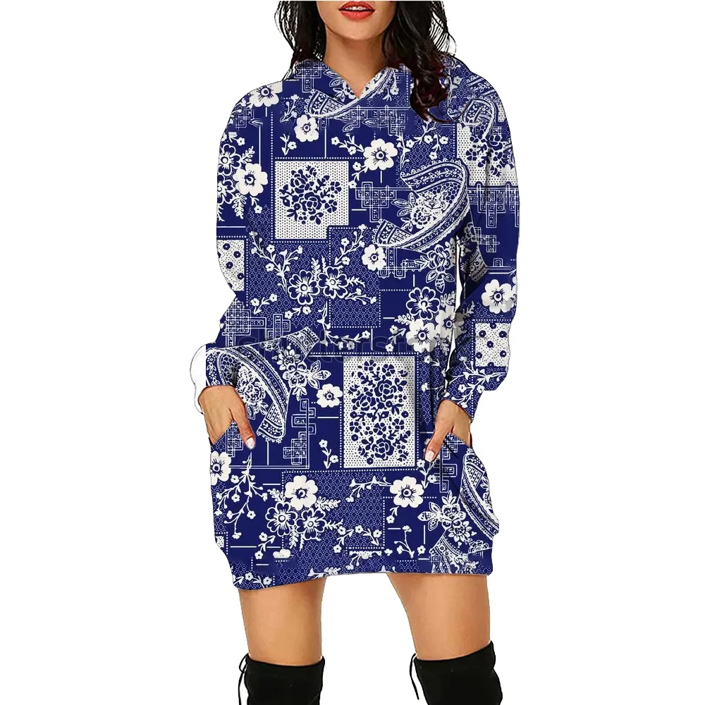 Vintage Hoodie Dress Print Women's Bohemia Daily Printed Workout Hoodies Long Sleeve Pullover Autumn Winter Loose Tees Vestido