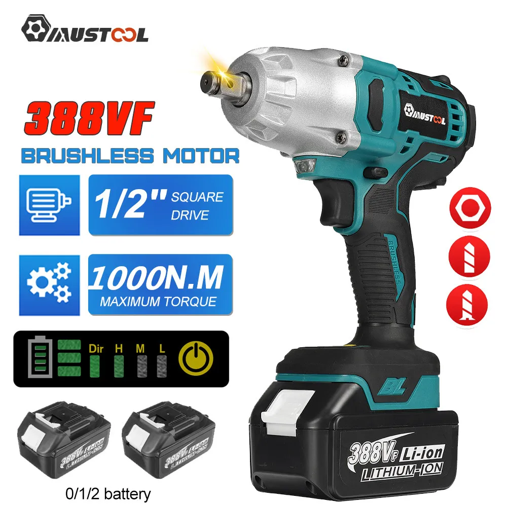 

MUSTOO 1600N.M Brushless Electric Wrench Impact High Torque 1/2Inch Cordless Wrench 388VF Battery Power Tool for 18V Battery