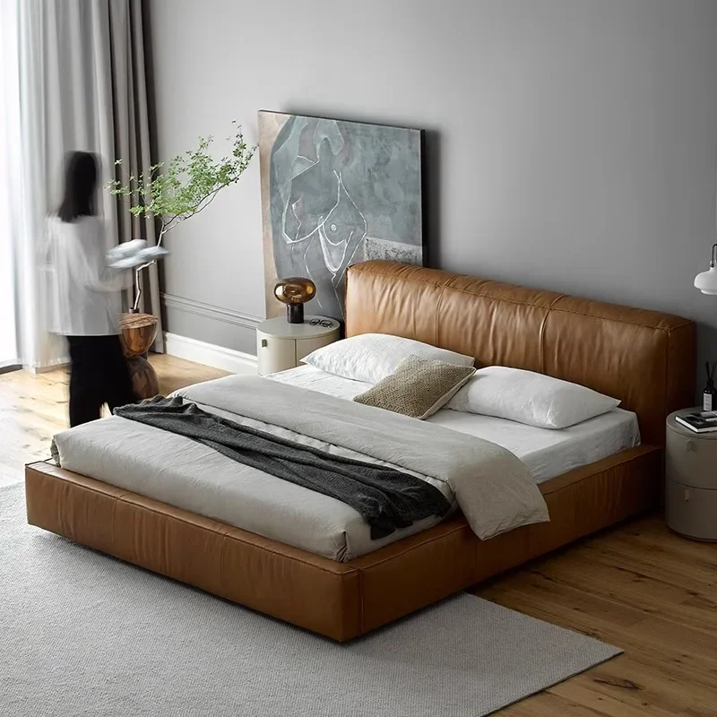 Estilo medieval retro tofu bloco óleo cera cama de couro surpresa vento silencioso quarto maillard cama quadrada