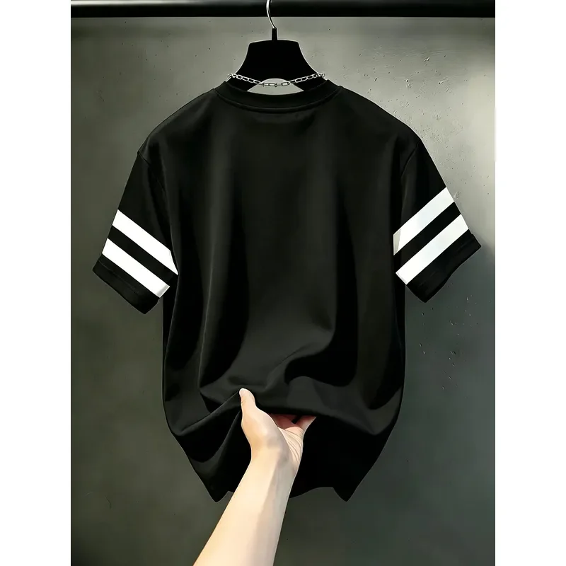 Men's Casual Crew Neck T-Shirt Contrasting Color Stitching KING Pattern Drape Fashion Top 2026 All Season Breathable Regular