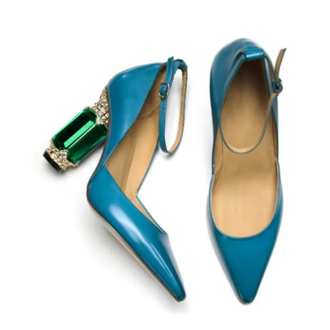 

DINGZHUANG Sexy women's high heels. Blue leather pointed shoes. About 10.5cm heel height. Ankle buckle shoes. Crystal heel.34-46