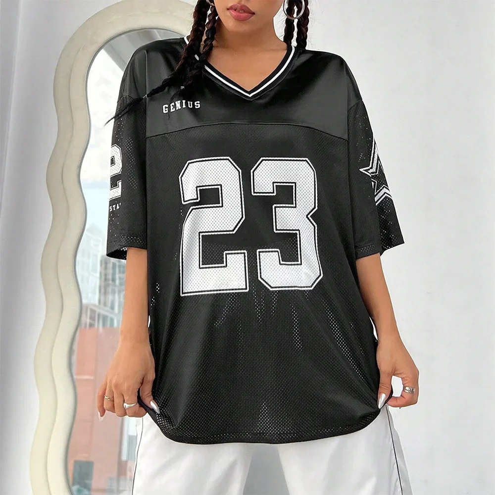 T-Shirts Summer Casual Decent Number Letter Print Short Sleeves V-Neck Regular Fit Daily Sport Tees For Women