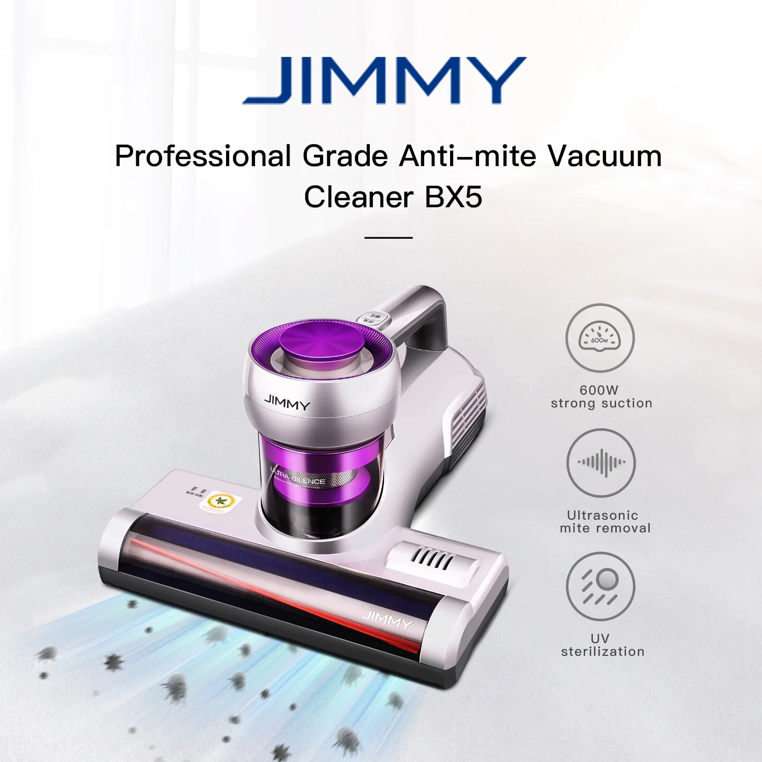 JIMMY BX5 Ultrasonic Anti-Mite Vacuum Cleaner, 15Kpa Suction Power, 550mW UV Light Power, 0.5L Dust Cup Mite Remover for Home