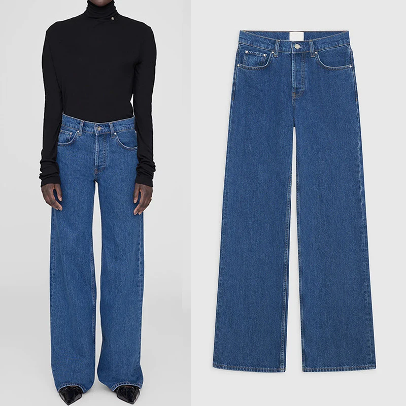 Women cotton denim pants Midi waist straight leg jeans