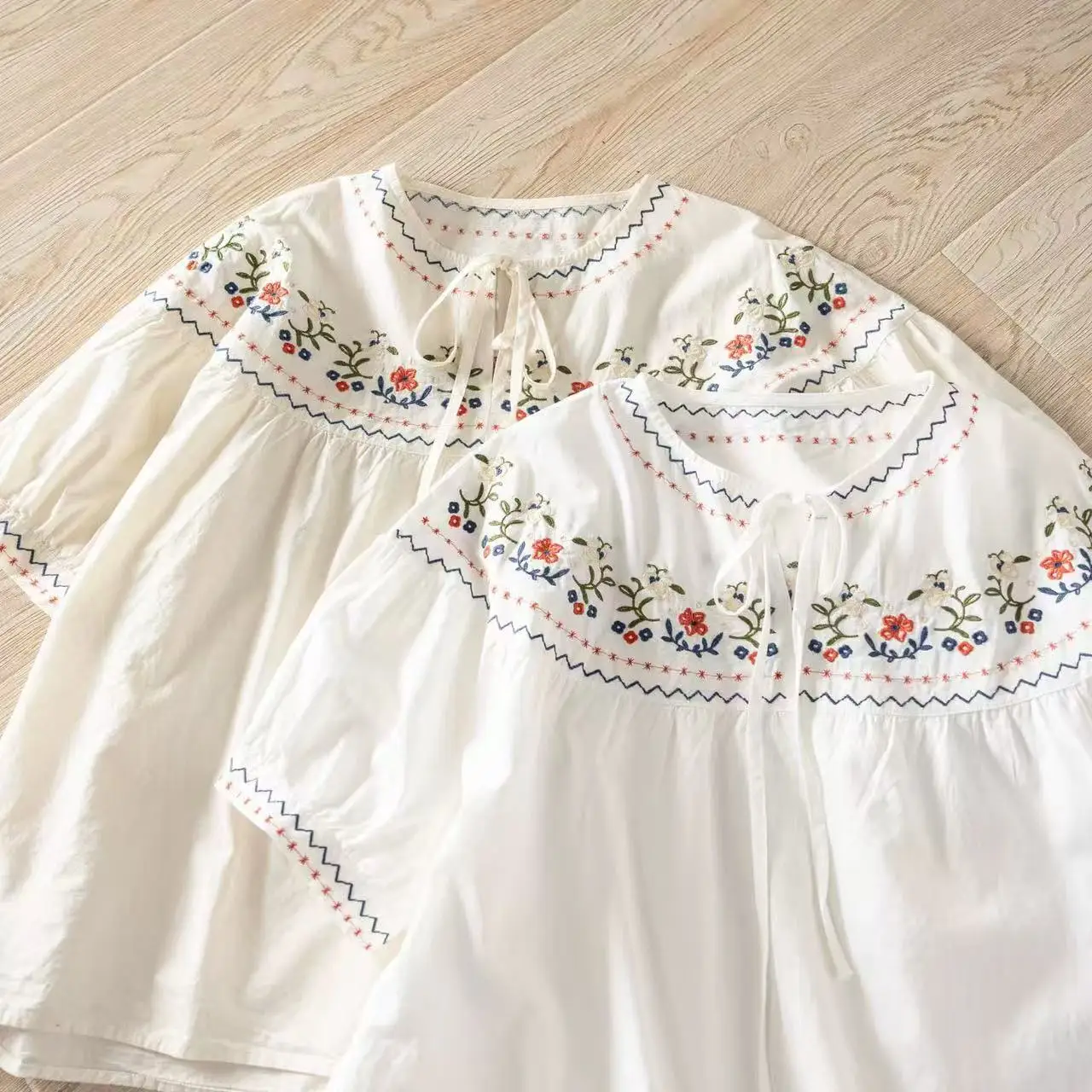 Bohemian Style Floral Embroidered White Blouse for Women, Loose Fit Tie Neck Peasant Short Sleeve Shirt, Casual Summer Tops