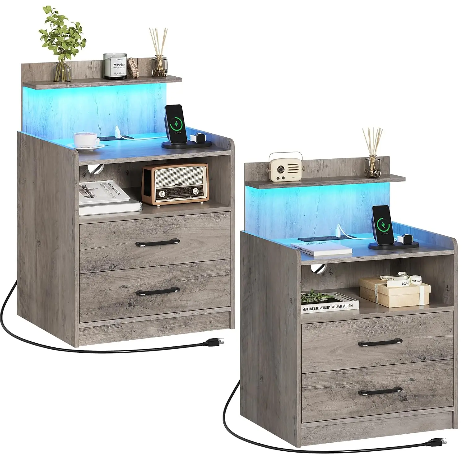 Nightstand Set of 2 with Charging Station & LED Light, 2 Drawer Bedside Table with Open Shelf for Bedroom, Grey, Customized