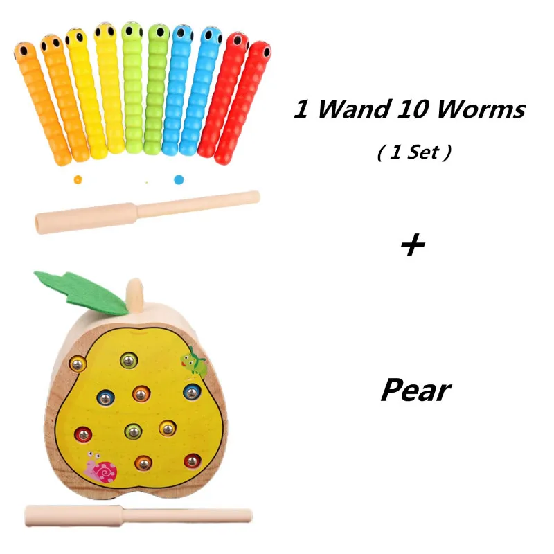 لعبة صيد الحشرات على شكل تفاحة مضحكة و1 عصا + 10 ديدان لعبة خشبية مغناطيسية للأطفال الصغار ألعاب ذكاء تعليمية