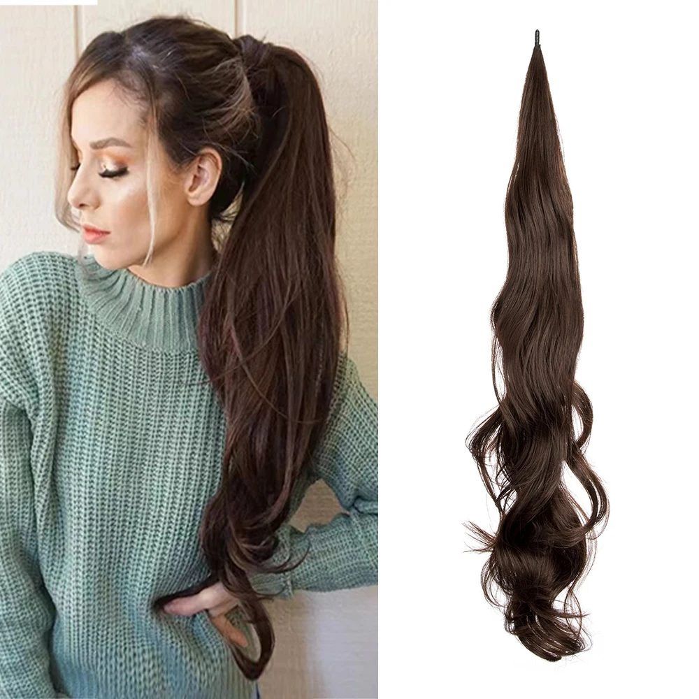 

Dansama Long Wave Flexible Wrap Ponytail Hair Extensions 32" Synthetic Pony Tail Hairpieces Brown Mix Color Wrap Around Ponytail