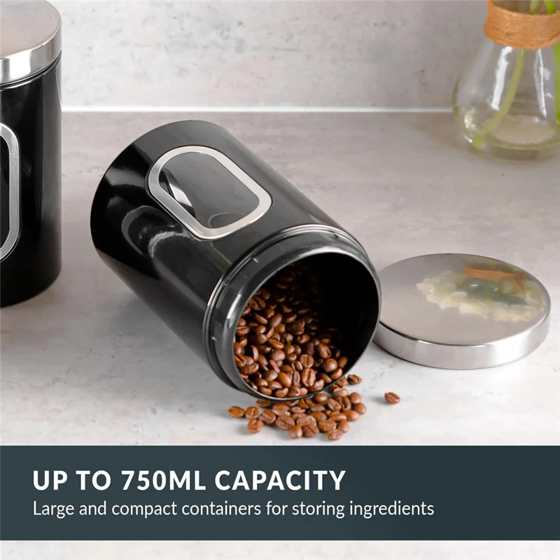 

AB09-3 Piece Kitchen Canister Set Black Stainless Steel Suitable For Sugar, Tea, Coffee, Etc -Multi Food Storage Jars