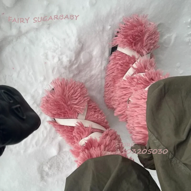 الجلد المدبوغ حزام أبيض وردي طويل الفراء هدية أحذية الفتيات الشتاء الدانتيل الركبة الجوارب اللون الأسود حذاء الثلج المسطح أفخم النساء الربيع تنوعا #5