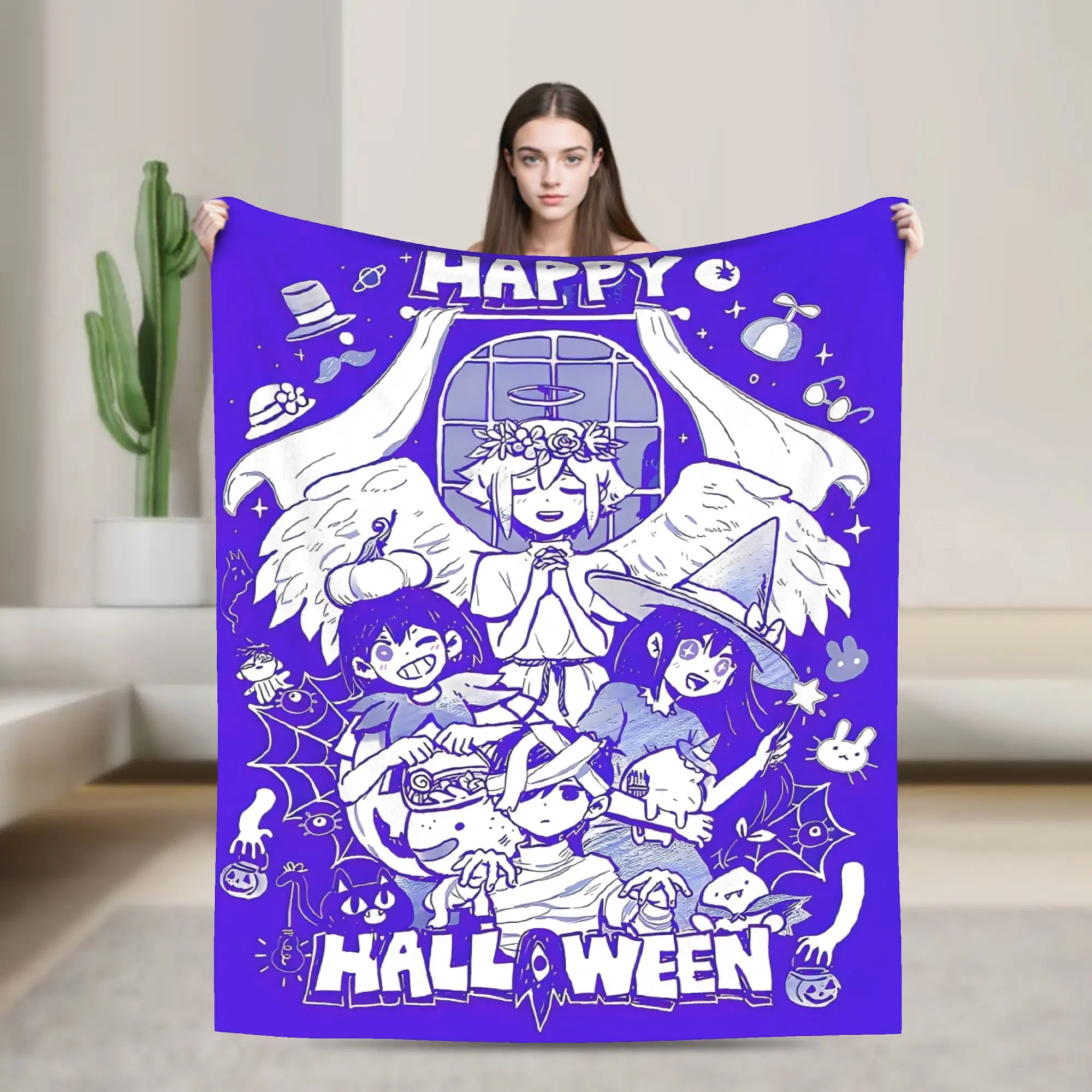 Happy Halloween poster omori Flannel Blankets  Soft Durable Throw Blanket for Outdoor Travel Novelty Bedspread Sofa Bed Cover