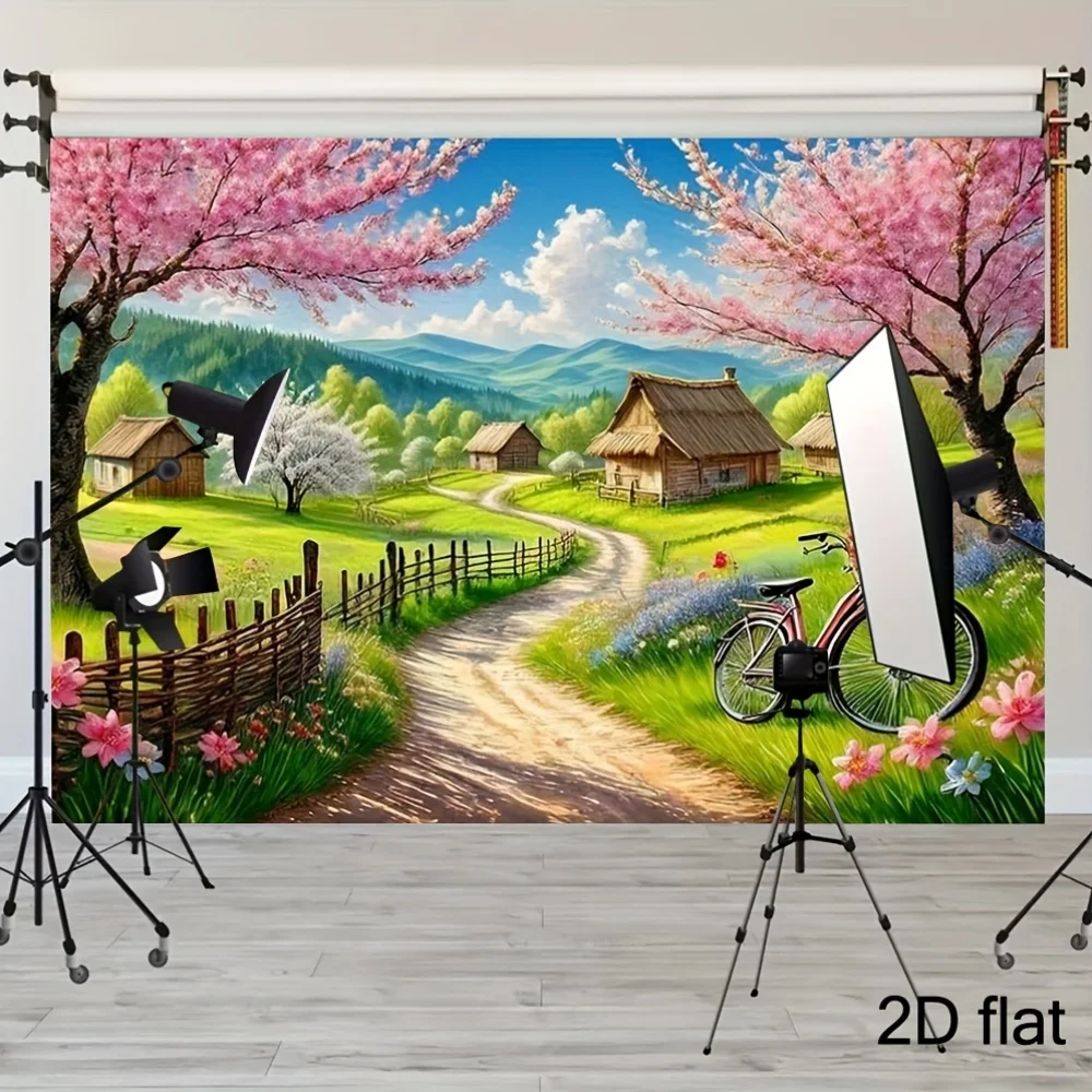 Spring Countryside Cherry Blossom Tapestry Wall Hanging Art Decor Rustic Village And Bicycle Scene For Living Room Bedroom