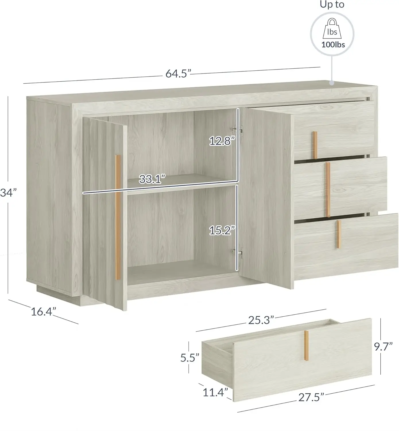 BELLEZE 64.5” Sideboard Buffet Cabinet, Modern Fluted Door Console Table with 3 Drawers and Adjustable Shelves, Accent Storage