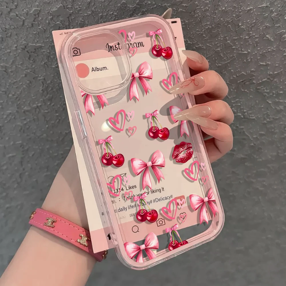 Pink Bow Cherry Heart Lips Print Clear For Samsung Galaxy S26 S25 S24 S23 S22 Plus UItra A57 A55 A54 A37 A36 A35 A16 Soft Cover