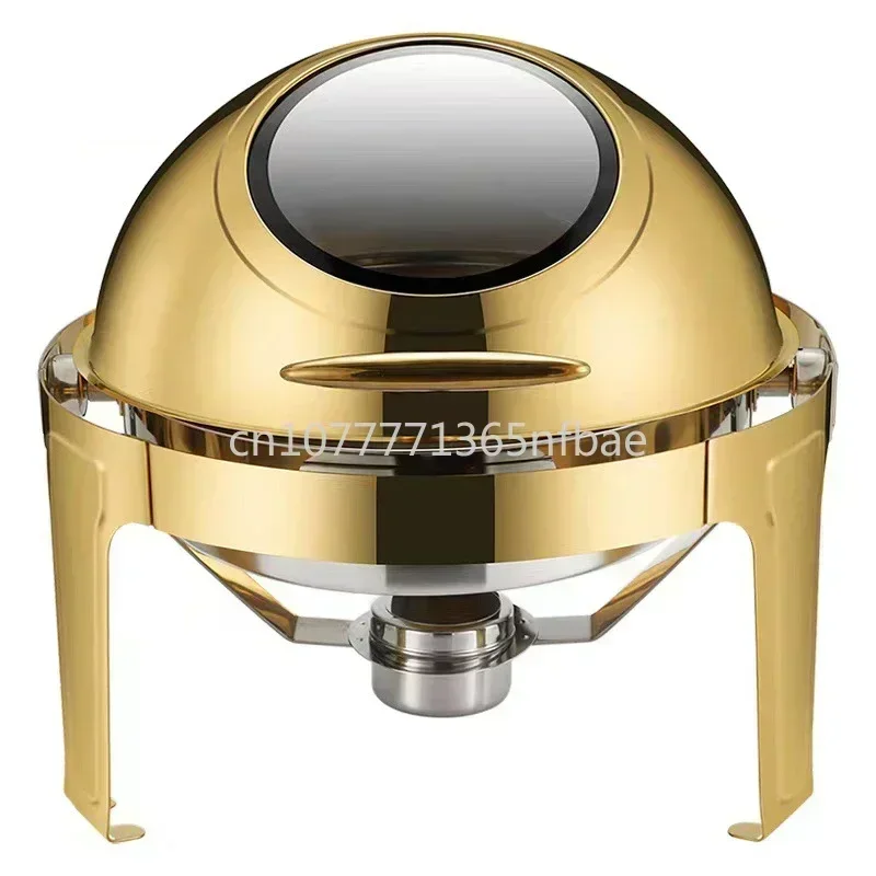 6L Large Roll Top Round Dining Silver Chafing Dish Food Warmer，Hotel Large Stainless Steel Gold Hot Pot