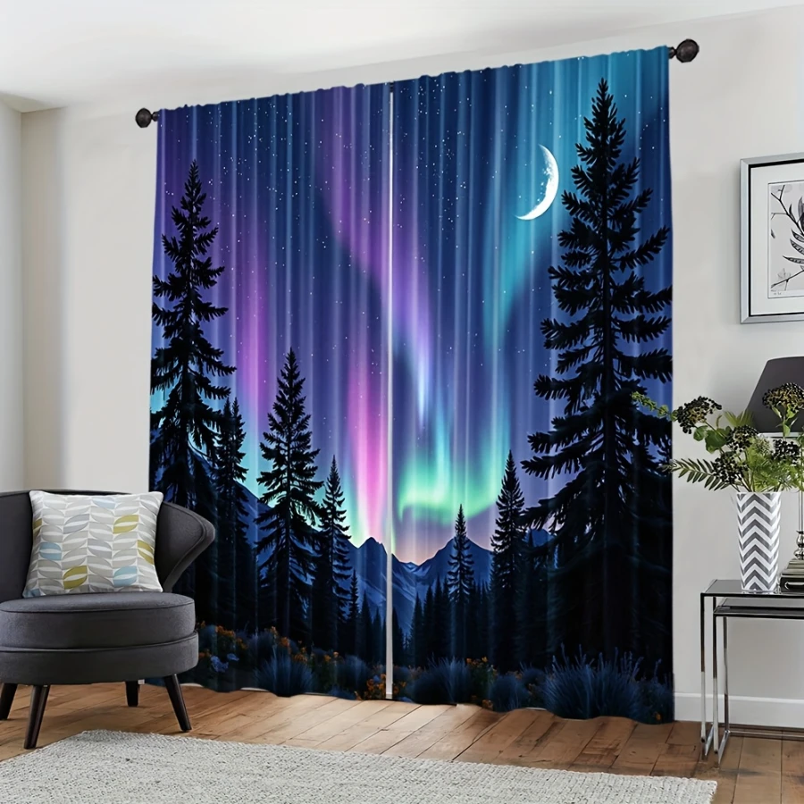 2PCS Digital Printed Curtains, Starry Sky Aurora Forest, Four Seasons Machine Washable Fabric for Bedroom Living Room Home Decor