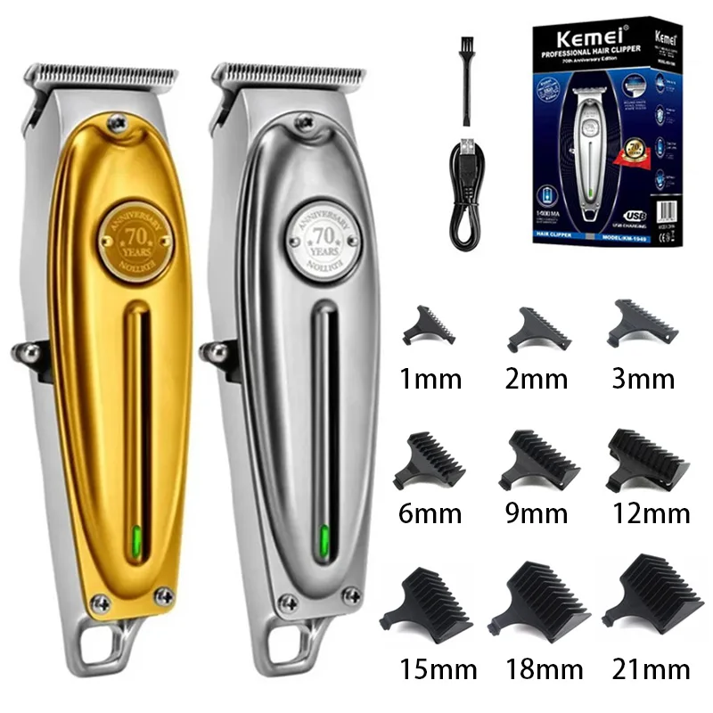 

Профессиональная машинка для стрижки волос Kemei, полностью металлическая, электрическая, беспроводная, для мужчин, с Т-образным лезвием 0 мм для стрижки налысо, модель 1949