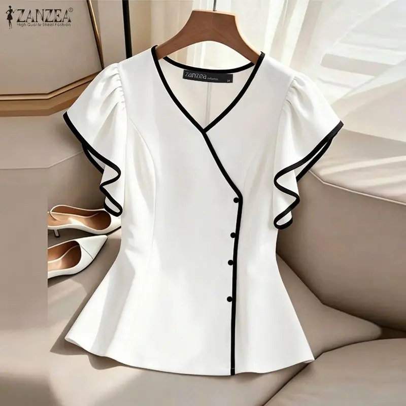 ZANZEA Woman Elegant Contrast-Trim Blouses Summer V-Neck Ruffles Short Sleeves Solid Color Tops Commute Office Wear Blusas Mujer