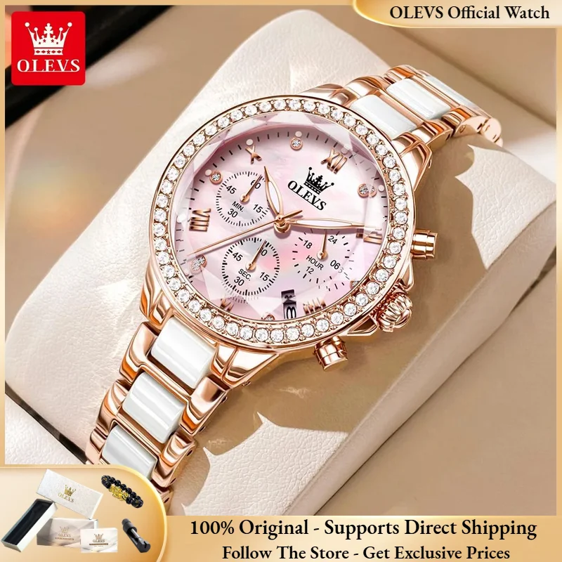 

OLEVS 9999 Women Watch Fashion Elegant Ceramic Waterproof Chronograph Original Rhombus Mirror Dress Pink Women Quartz Watch