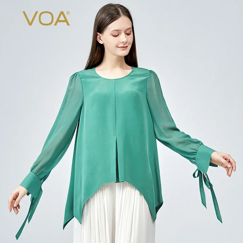 VOA Silk 30m/m Heavyweight Round Neck Shirt Long Sleeves Refreshing Breathable Arc Sharp Angle Swing Spruce Green T-shirt BE956