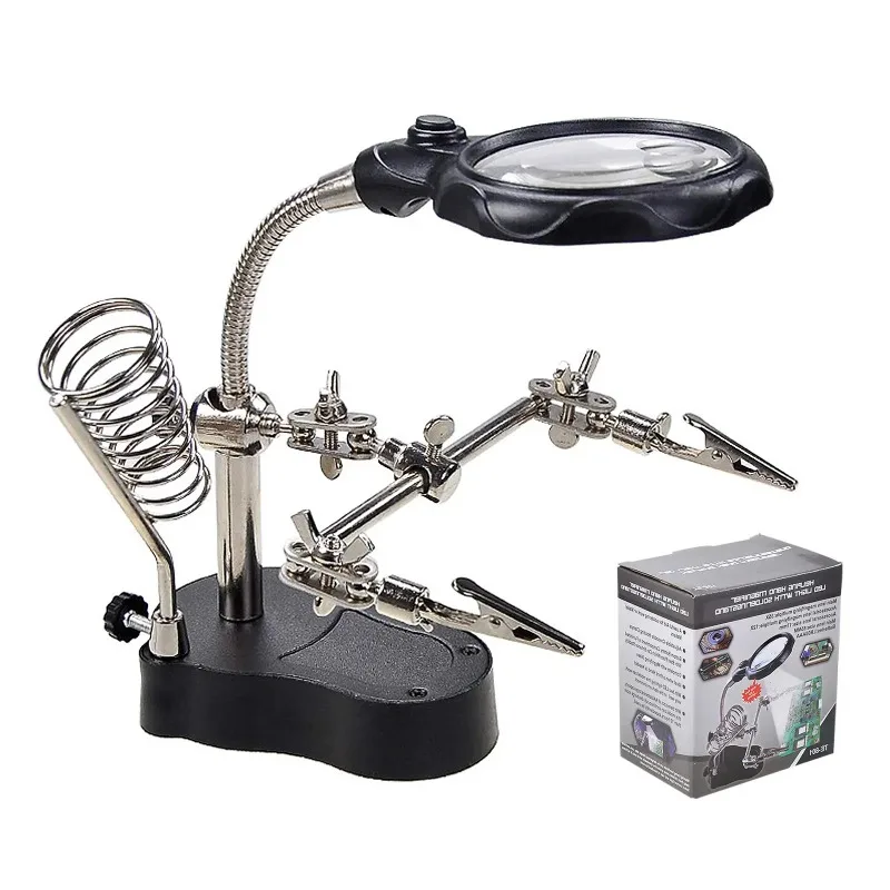 3.5X 12X Helping Hands Third Hand Soldering Iron Welding Stand Station with 2 LED Clip Welding Magnifier Magnifying Glass