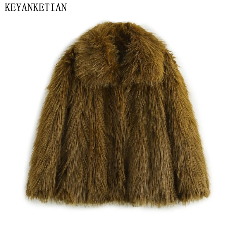 KEYANKETIAN Winter New Women's Faux Fur Cropped coat Simple style Covered Button Turn Down Collar Loose Thick Warm Greatcoat Top