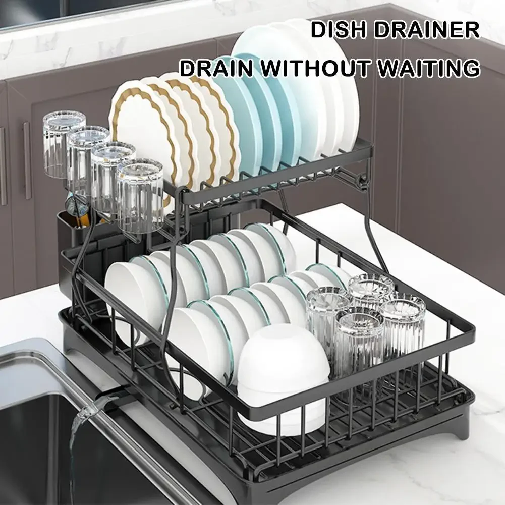 

2 Tier Large Dish Drying Rack Stainless Steel Sink Stand Water Drainer Storage Shelf Kitchen Accessories Utensil Organizer 2023