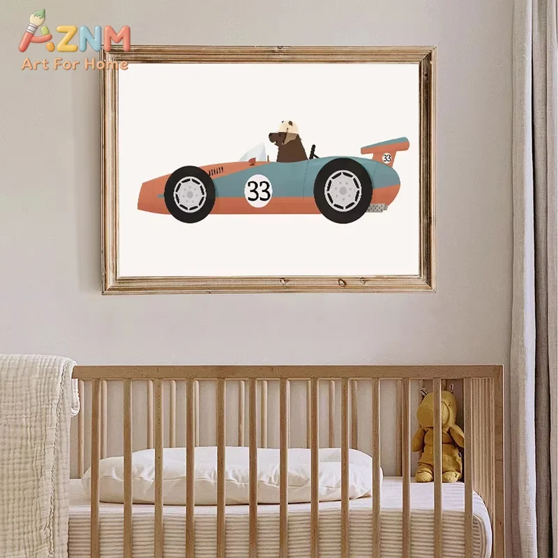 Cute Animal Race Car Canvas Wall Art Giraffe Zebra Elephant Driving Vintage Car Print Boys Nursery Poster Kids Room