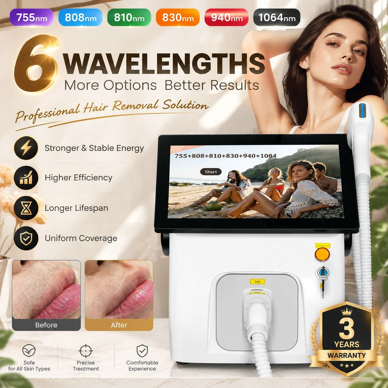 6000W Professional 16 BARS 6 Wavelength Diode Laser Hair Removal Machine FAC 60M Shots Painless Salon Equipment
