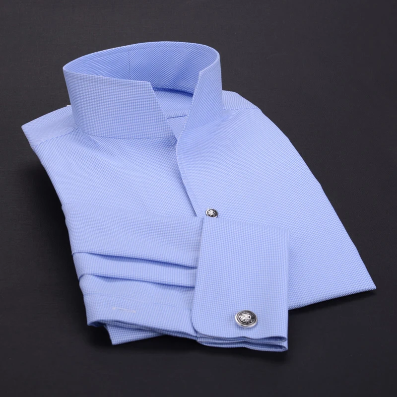 

Business Fashion Men's High Standing Collar Shirt - 100% Cotton Long-Sleeved with French Cuffs Perfect for Spring & Autumn