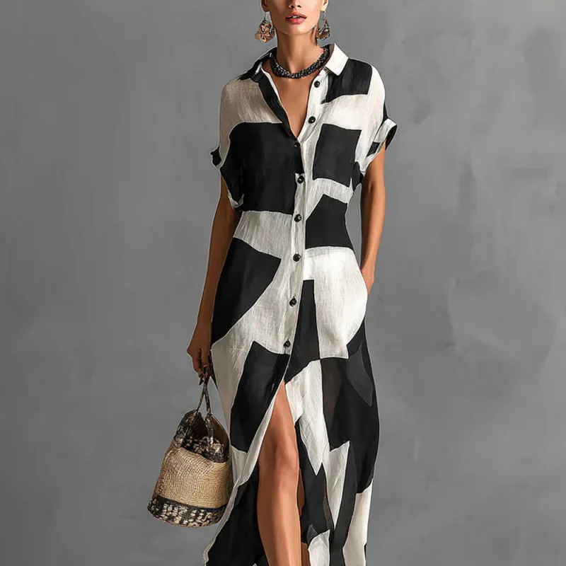 Women Geometric Print Shirt Maxi Dress Short Sleeve Split Long Dress Casual Beach Cover Up