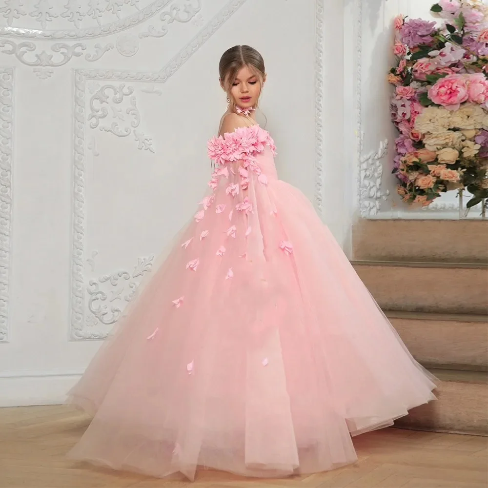 

Pink Flower Girl Dresses For Wedding Off Shoulder Tulle Puffy Applique Birthday Party Children Pageant First Communion Gowns