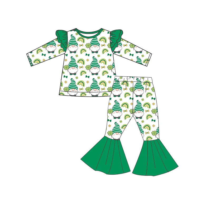 Boutique children's suits St. Parker's Day four-leaf clover cartoon print long-sleeved lace trousers girls' set