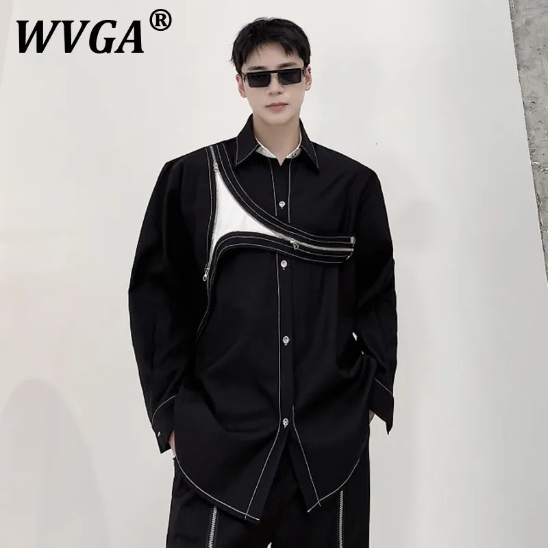 

Топы WVGA, весенне-осенняя новая мужская рубашка на молнии в стиле пэчворк, модная нишевая шикарная повседневная рубашка с отложным воротником Ins Y2K W11523