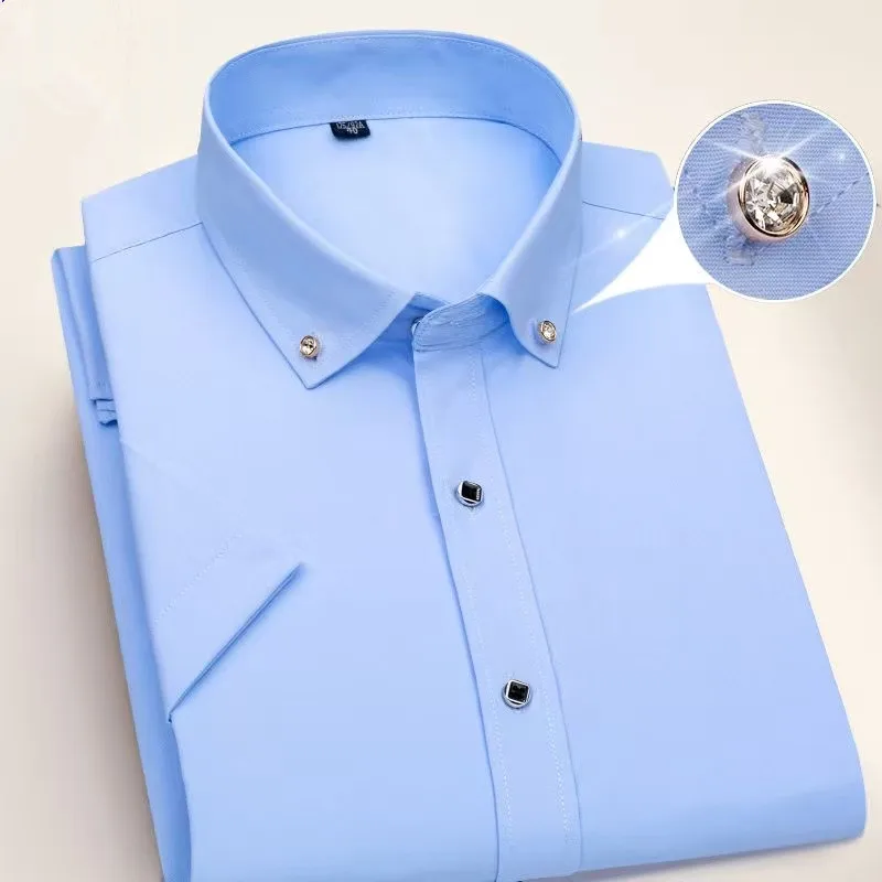 Basic Men Business Dress Shirt Summer Short Sleeve Thin Diamond Button Version White Blue Casual Suit Wedding Formal Party Shirt