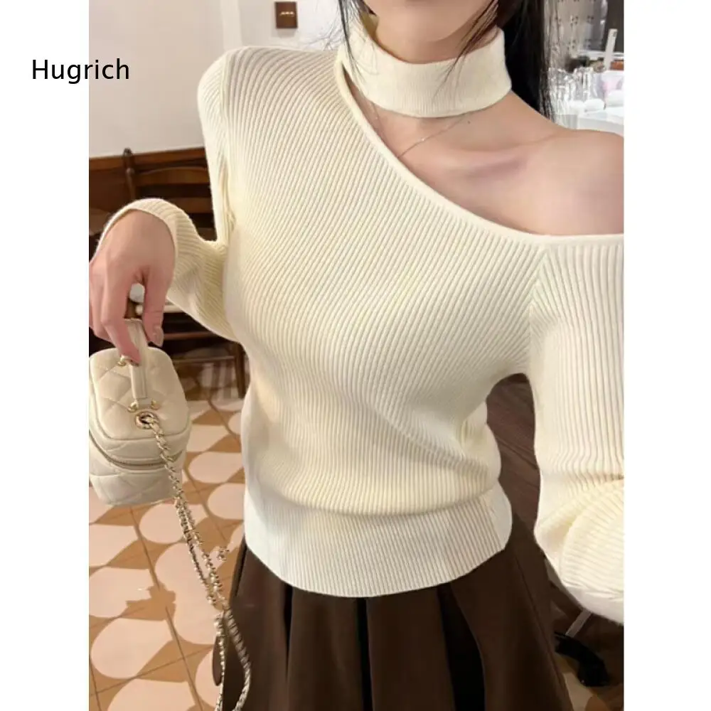 Ribbed Knit Long Sleeve Sweater Women Asymmetrical One Shoulder Style With Removable Neck Collar Slim Casual Pullover Top