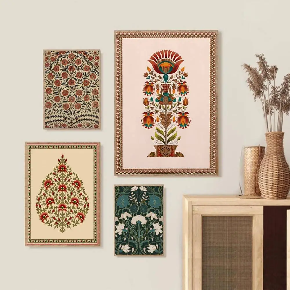 Classic Hand Drawn Ethnic Bloom Poster Vintage Ornamental Floral Border Print Bohemian Cottage Style Interior Wall Hanging Decor