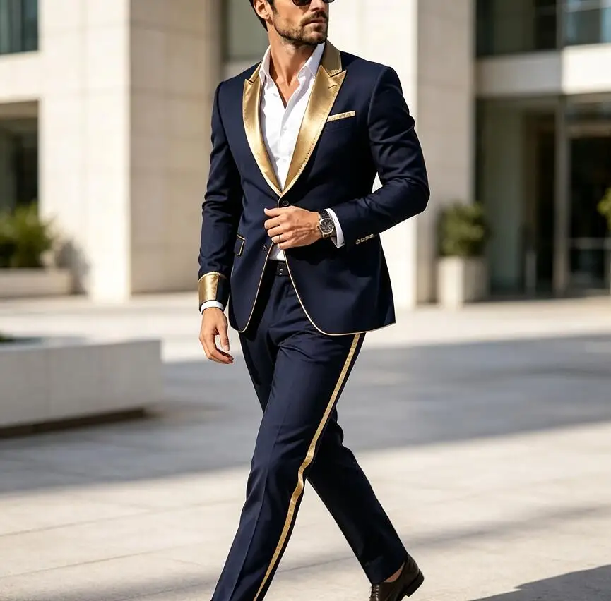 Classic 2 Piece Sets Navy Blue Men Suits Wedding Party Formal Groom Groomsman Prom Business Male Suit Party Tuxedos Jacket Pants