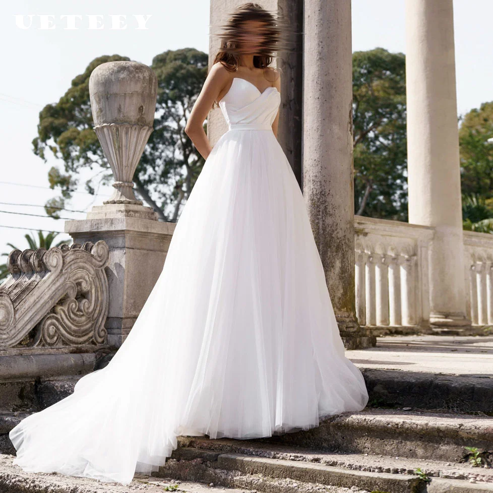

UETEEY Customized Pleats Fairy Sleeveless V Neck Tulle Wedding Dress Women Princess A Line Lace Up Back Court Train Bridal Gown