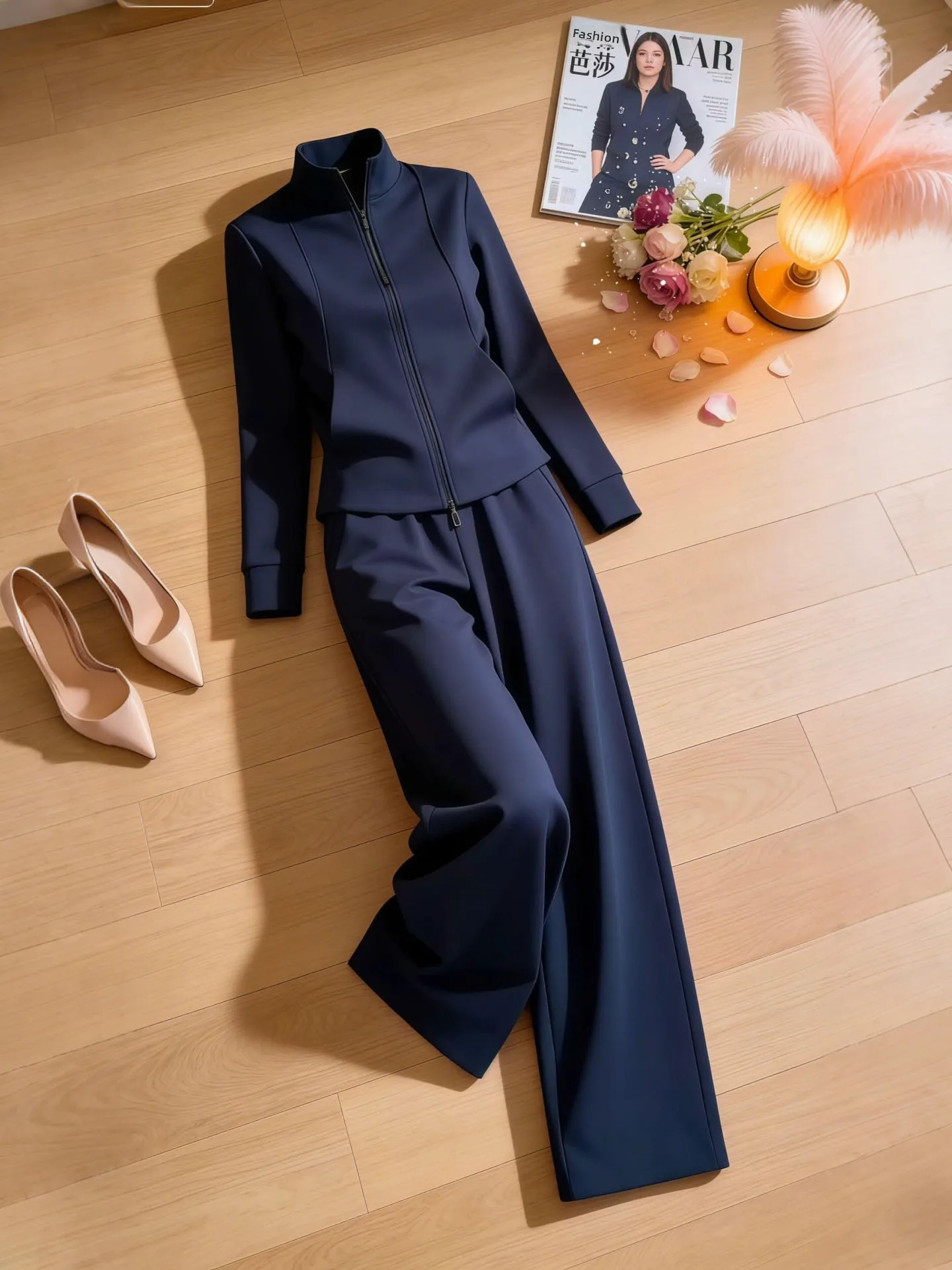 

Fashionable Commute Two-Piece Set Women's Spring Autumn New Zipper Stand Collar Open Cardigan Long Pants Simple Trendy Ensemble