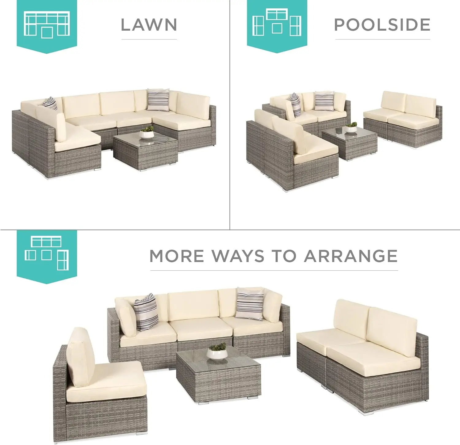 7-Piece Modular Outdoor Sectional Wicker Patio Conversation Set w/ 2 Pillows, Coffee Table, Cover Included - Gray/Cream