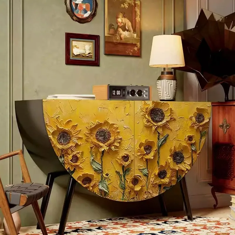 French flower solid wood semi-round cabinet, home dining side cabinet, living room entrance painted, storage decorative locker