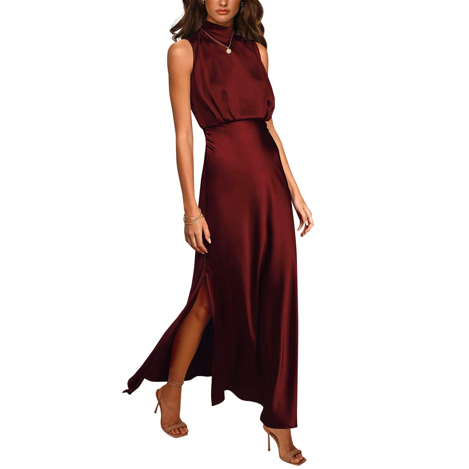 

Solid Satin Halter Sleeveless Backless Slim Bodycon Maxi Dress 2024 Fall Winter Women Party Elegant Streetwear Outfit