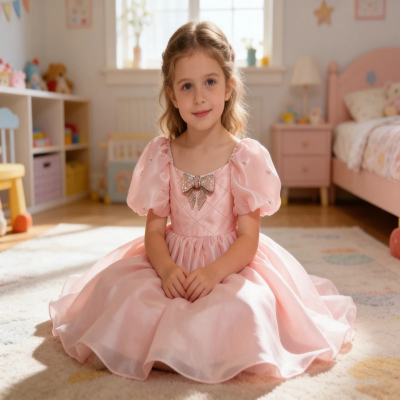 Pink Satin Girls Princess Dress With Bow Puff Sleeves Flower Girl Dresses for Wedding 2-14 Kids Knee-Length Birthday Party Gown