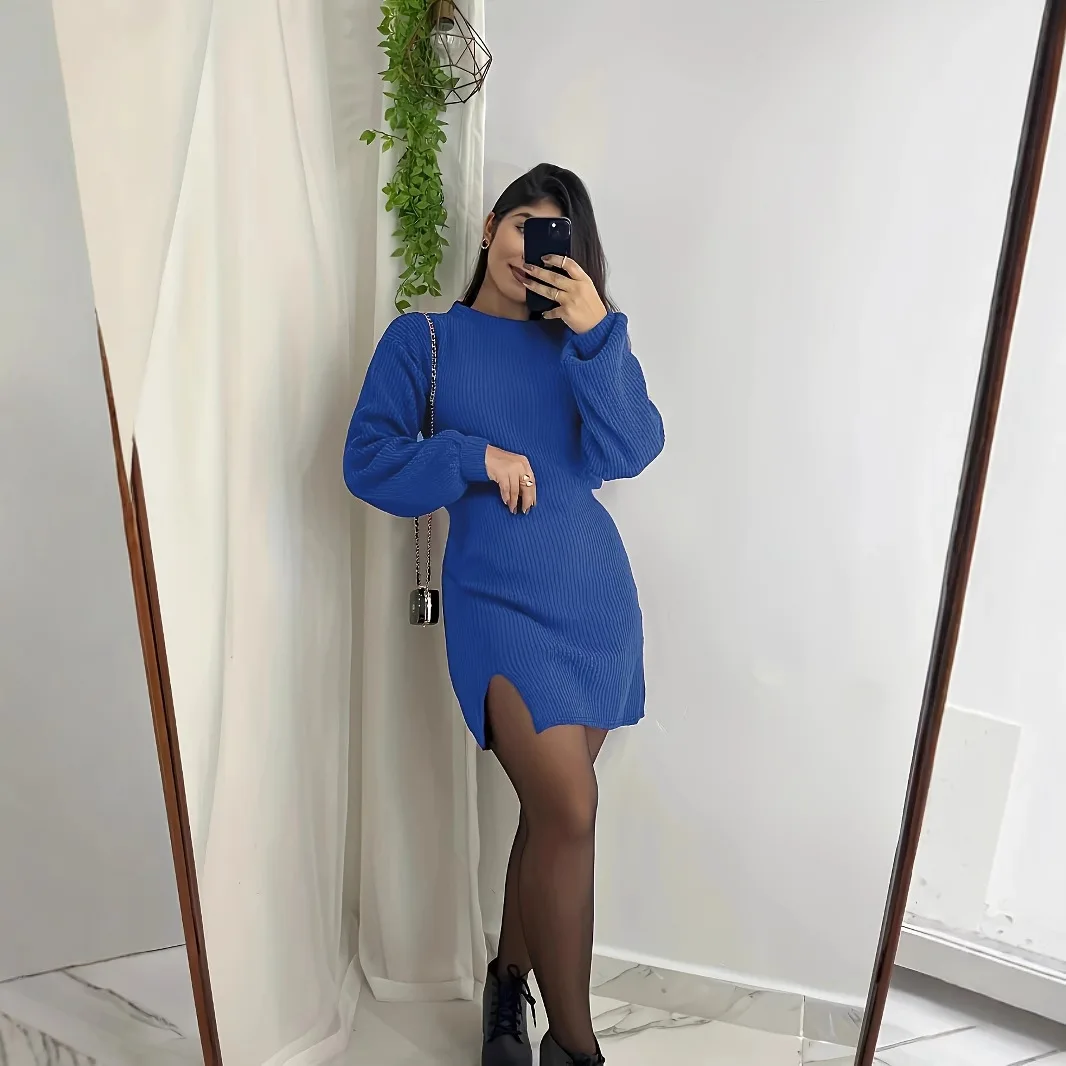 Fashion O-neck Long Sleeve Knitted Mini Dress Women Autumn Winter Casual Sweater Office Ladies Dresses For Women Robe Femme
